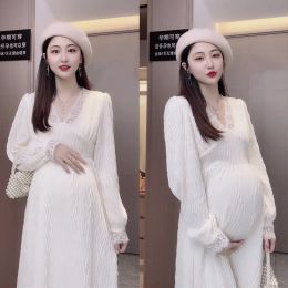 Dresses Spring Fashion Maternity Clothes Lace Patchwork Vneck High Waist Stretched Pregnant Woman Dress Pregnancy Clothes Black White