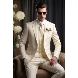 Men's Suits Fashion Ivory Notch Lapel Single Breasted Men Chic Business Office Casual Suit Slim Formal Groom Wedding Tuxedo 3 Piece