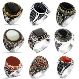 Clothing Handmade Turkish Rings For Men Vintage Double Swords Black Red Zircon Rings Punk Trendy Religious Muslim Islamic Jewelry