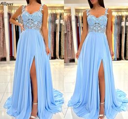 Charming Light Sky Blue Chiffon A Line Prom Dresses Glamorous Lace Appliqued Spaghetti Straps Evening Gowns Sexy Split Sweep Train Women Formal Party Dress CL3521