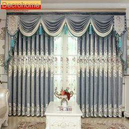 Curtain Blue Grey Embroidered Window Screen Thickened Water-soluble Hollow Chenille Curtains For Living Room Bedroom French