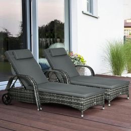 Camp Furniture Outdoor Chaise Lounge Set Of 2 5-Level Adjustable Backrest PE Rattan Chair With Wheels Cushion & Headrest