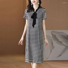 Party Dresses 2024 Black Bird Lattice Short Sleeve Bow Collar Midi Dress Women Korean Vintage Hepburn Summer Elegant Bodycon