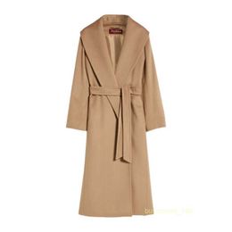 Women's Coat Cashmere Coat Luxury Coat Maxmaras Womens Pure Cashmere Fabric Paired With Belt Mid Length Camel Robe Coat