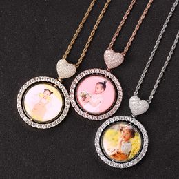 Hip Hop Memory Photo DIY Rotatable Double-sided Round Heart with Micro Inlaid Zircon Trendsetter Pendant Necklace