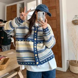 Women's Knits Oversize O-neck Blue Striped Knitted Cardigan Spring Autumn Lazy Straight Sweaters Coat Y2k Grunge Long Sleeve Tops Women