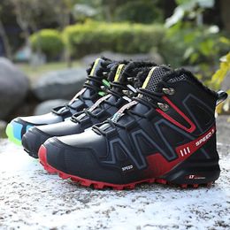 Mens Hiking Boots Leather Waterproof Ankle Snow Boots Outdoor Plush Hiking Training Boots Warm Boots Fishing Shoes 240415