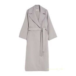 Women's Coat Cashmere Coat Luxury Coat Maxmaras Womens Lapel Waist Tied Grey Pure Wool Back Slit Long Robe Coat