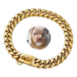 Collars Strong Stainless Steel Gold Dog Collar with Safety Buckle 15MM Cuban Link Chain Training Collar Dog Necklace Dog Walking Collar