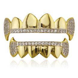 Hip Hop Grills Diamond Set Hip Hop Teeth 18k Gold Plated Vampire False Teeth Halloween Jewellery Grillz