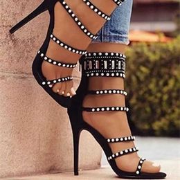 Dress Shoes Black Women Gladiator Sandals Sexy Open Toe Hot Diamond Pearl Ankle Band Wrap Back Zipper Cover Heels Thin HIgh Heel Roman Shoe H240423