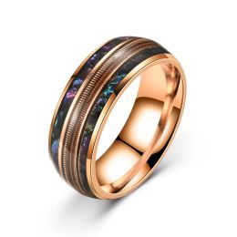 Bands Fashion 8mm Rose Gold Colour Stainless Steel Guitar string Rings for Men Inlay Colourful Abalone Rings Wedding Band Jewellery Gifts