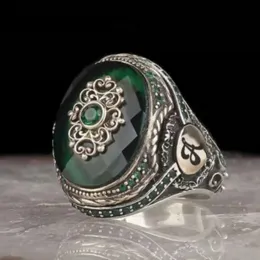 Clothing Retro Handmade Men Ring Vintage Pattern Green Big CZ Stone Turkish Ring For Men Women Punk 2022 Fashion Religious Muslim Jewelry