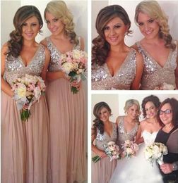 Dusty Pink Bling Silver Sequined Long Bridesmaid Dresses A Line Chiffon Maid Of Honor wedding guest party dresses Deep V Neck Cust1572190