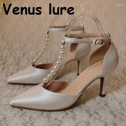 Dress Shoes Big Discount Ivory Pearl Wedding Heel For Bride Pointed Pumps T-straps 7.5CM