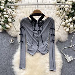 Women's Blouses Sexy Lace Halter Patchwork Bow Long Sleeve Slim Blouse Elegant Goth Korean Fashion Shirt Spring Women Clothing