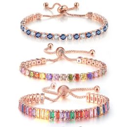 Strands Adjustable Multicolor Tennis Bracelets For Women Ladies Wedding Rainbow Colorful Zircon Charm Bracelet Hand Chain Jewelry DZH043