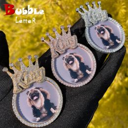 Necklaces Bubble Letter Custom Photo Necklace for Men King Crown Bail Memory Picture Personalised Pendant Iced Out Zircon Hip Hop Jewellery