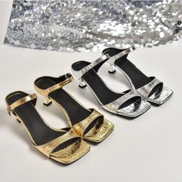 Elegant Gold Silver Mule Slippers Woman Luxury Square Toe Low Heel Sandals Ladies Summer Slip-on Buckle Dress Shoes 240411