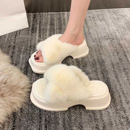 Slippers Shoes Med House Platform Flock Slides Square Toe Fur Flip Flops Fashion Soft Flat Plush Luxury Casual with fur Rubber L H240423