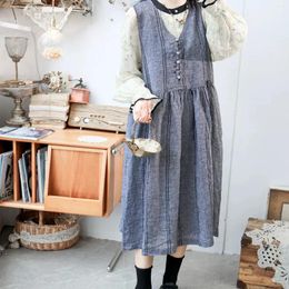 Casual Dresses 112cm Bust Spring Autumn 2024 Women Sweet Mori Kei Girl Fashion Loose Plus Size Comfortable Linen Sleeveless