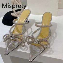 Slippers Pointed Toe Women Mid Heel Bow-knot Crystal Decor Female Heels Summer Runway Slip On Mules Designer Bridal Shoes