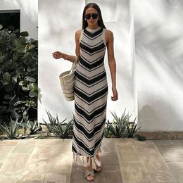 Casual Dresses GACVGA Sexy Striped Tassel Knitted Maxi Dress For Women Sleeveless 2024 Summer Holiday Elegant Party Evening Long