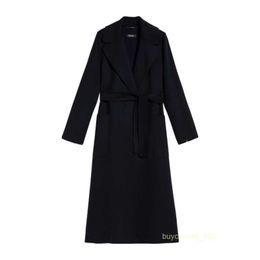 Women's Coat Cashmere Coat Luxury Coat Maxmaras Womens Navy Blue Double Layer Wool Fabric Flip Collar Robe Coat