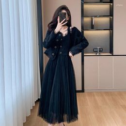 Work Dresses Luxury Small Fragrance Women Autumn Winter 2 Piece Set Tweed Wool Tassel Outwear Tops Jacket Mesh Patchwork Long Skirts Suits