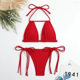 Women's Swimwear 2Pcs/Set Women Skinny Lady Bathing Suit Halter Bra Double Waist Rope Briefs Bikini Set Beachwear