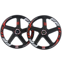 700C Full Carbon 5 Spokes Wheelset Road Bike ClincherTubular Carbon Wheelset Red And White Decal 12k glossy Wheels6502422