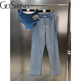 Women's Two Piece Pants Women Denim Sets 2024 Flower Strapless Backless Crop Tops High Waist Loose Long Straight Jeans Pieces