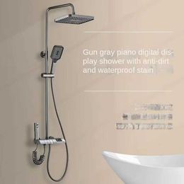 Bathroom Shower Sets Gun Grey Grey System Intelligent Bathroom White Digital Display Shower Faucet Set 4-way Rainfall Bathroom Mixer Black Shower Set T240422