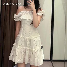 Party Dresses Women's French Style White One Line Neck Embroidery Off Shoulder Hollow Out Slim Fitting Dress