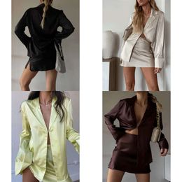 Dress Two CHRONSTYLE Elegant Women Satin 2 Piece Set Long Sleeve Solid Buttons Up Shirts Tops High Waist Mini Skirts Summer Autumn Outfits 221123 113