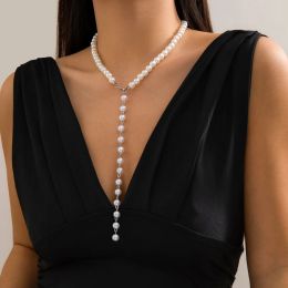 Necklaces Lacteo Elegant Imitation Pearl Necklace for Women Beaded Long Tassel Choker Adjustable Neck Chain 2024 New Jewelry Ladies Party