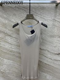 Casual Dresses SPENNEOOY Fashion Designer Summer Silver Translucent Midi Dress Women's Solid Color O-Neck Sleeveless A-Line