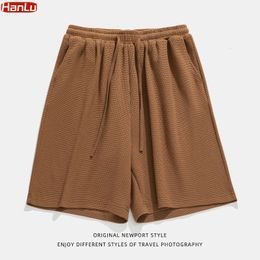 Waffle Pattern Shorts For Mens Summer Loose fitting Wide Leg Casual Shorts Women Solid Elastic Waist Straight Pants 240412