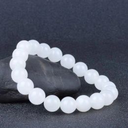 Strands Genuine Natural White Jade Bracelet Women Men Round Jades Stone Beads Elastic Beaded Bracelets Fine Jewellery Bangle Accessories