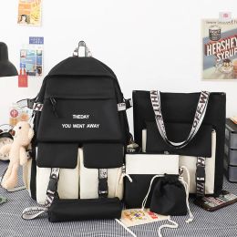 Bags 5pc/set Korean School Backpack for Teenager Girls Multi Pocket Students Schoolbag Canvas Women Shoulder Book Bag Laptop Rucksack