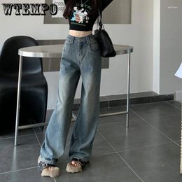 Women's Jeans WTEMPO Spring Autumn High Street Vintage Washed Straight Tube Waist Loose Wide Leg Denim Pants Long Trousers