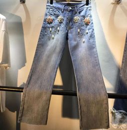 Women's Jeans Trendy 2024 Spring Women Clothing Luxury Diamonds Beading Pendant High Waist Stretch Casual Ankle-length Denim Pants