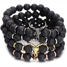 Strands Punk CZ Bull Head Skull Men Bracelet Fashion 8MM Lava Stone Beads Charm Bracelets & Bangles Macrame Strand Jewellery Gift