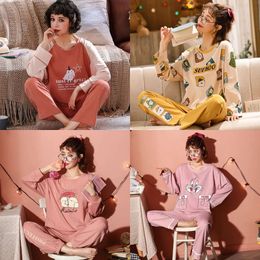 Pjs Summer Cotton Women Pamas Sleepwear Sets Cartoon Lady Nightwear Women's Round Neck Casual Homewear Loungewear Suit M-XXL 220329 's