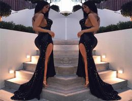 Sexy Backless Side Split Long Evening Gowns 2019 Shiny Sequins Sleeveless Spaghetti Black Mermaid Party Prom Formal Dress5112804