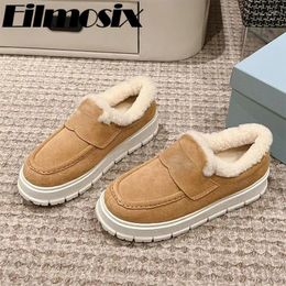 Casual Shoes Thick Sole Slip-On Women 2024 Winter Wool Warm Loafers Round Toe Fur Height Increasing Snow