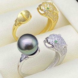 Hot selling Personalised animal ringsS925 silver pearl ring empty support accessory honey wax jade stone adjustable leopard with carrtiraa original rings