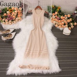 Casual Dresses Gagaok 2024 Pre Autumn Temperament Round Neck Waist Slim A-line Mesh Dress Patchwork Knitted Chic Tank Top Vestidos