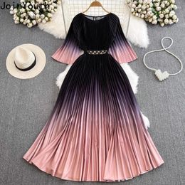 Casual Dresses Maxi Women Short Sleeve O-neck Contrast Color Gradient Robe Femme Slim Waist Pleated Summer Dress Vintage Vestido