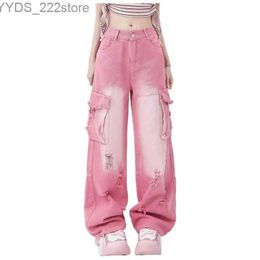 Women's Jeans Y2k Harajuku Wide Legged High Waist Pocket Pink Jeans Pants 2023 Spring/Summer Womens Retro Tear Street Jeans Trouser yq240423